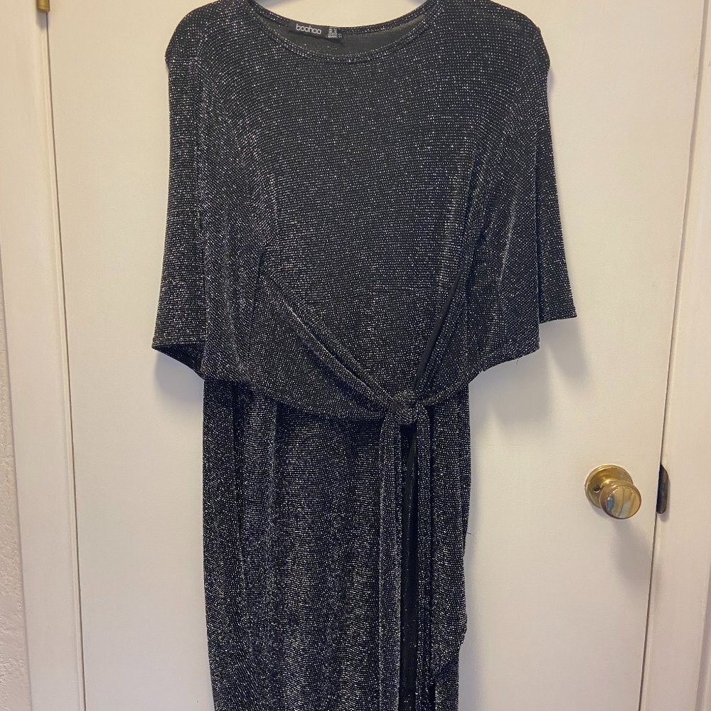 BOOHOO Black/Silver Faux Wrap Dress
